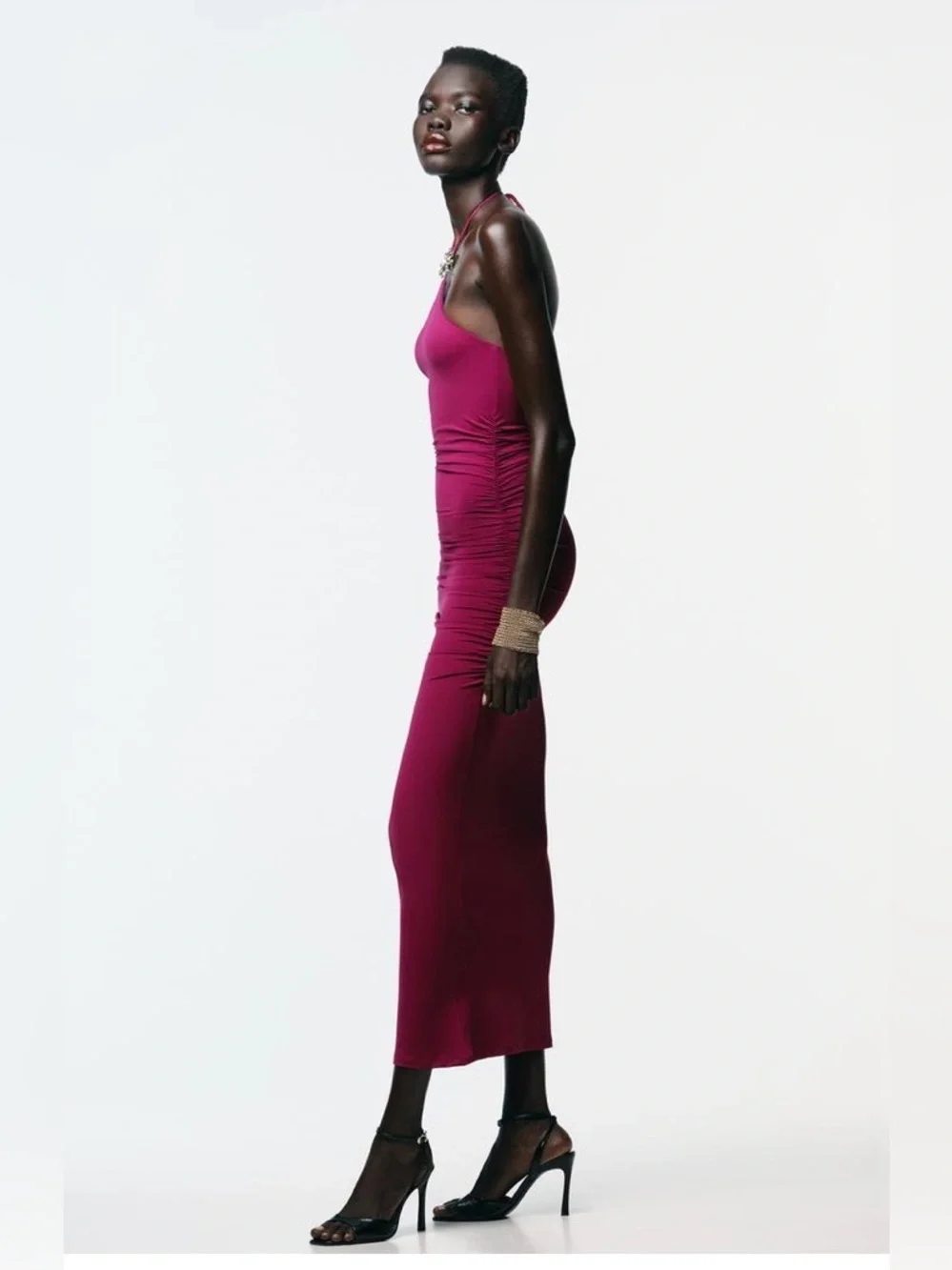 ZARA Ruched Halter Midi Dress in Deep Magenta size medium - Picture 3 of 13
